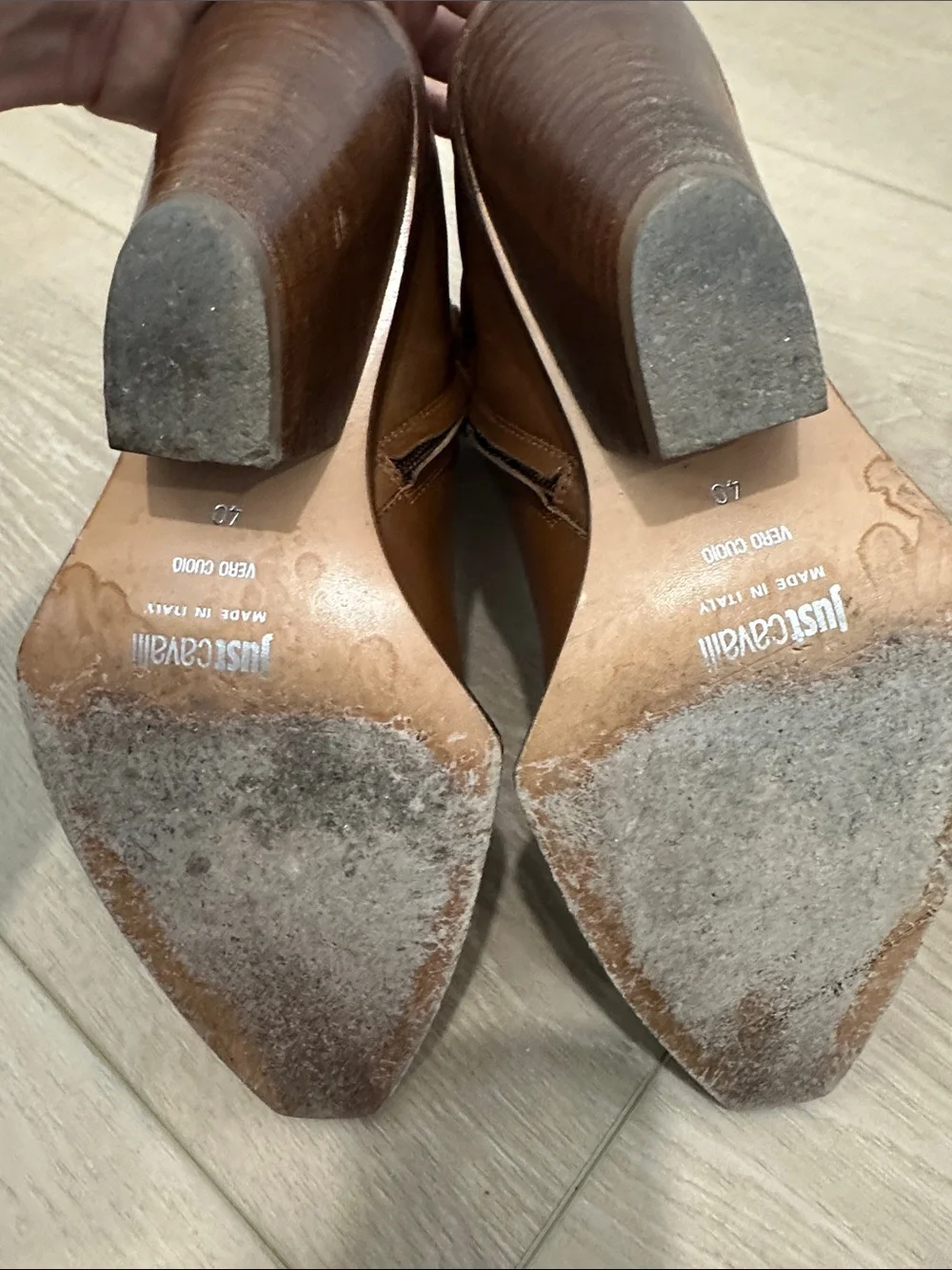 Just Cavalli Women's Tan Leather Pointed Ankle Booties with Side Zip